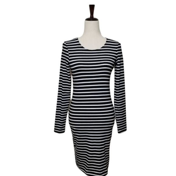 H&M Black And White Striped Long Sleeve Fitted Dress Size S - Picture 1 of 5